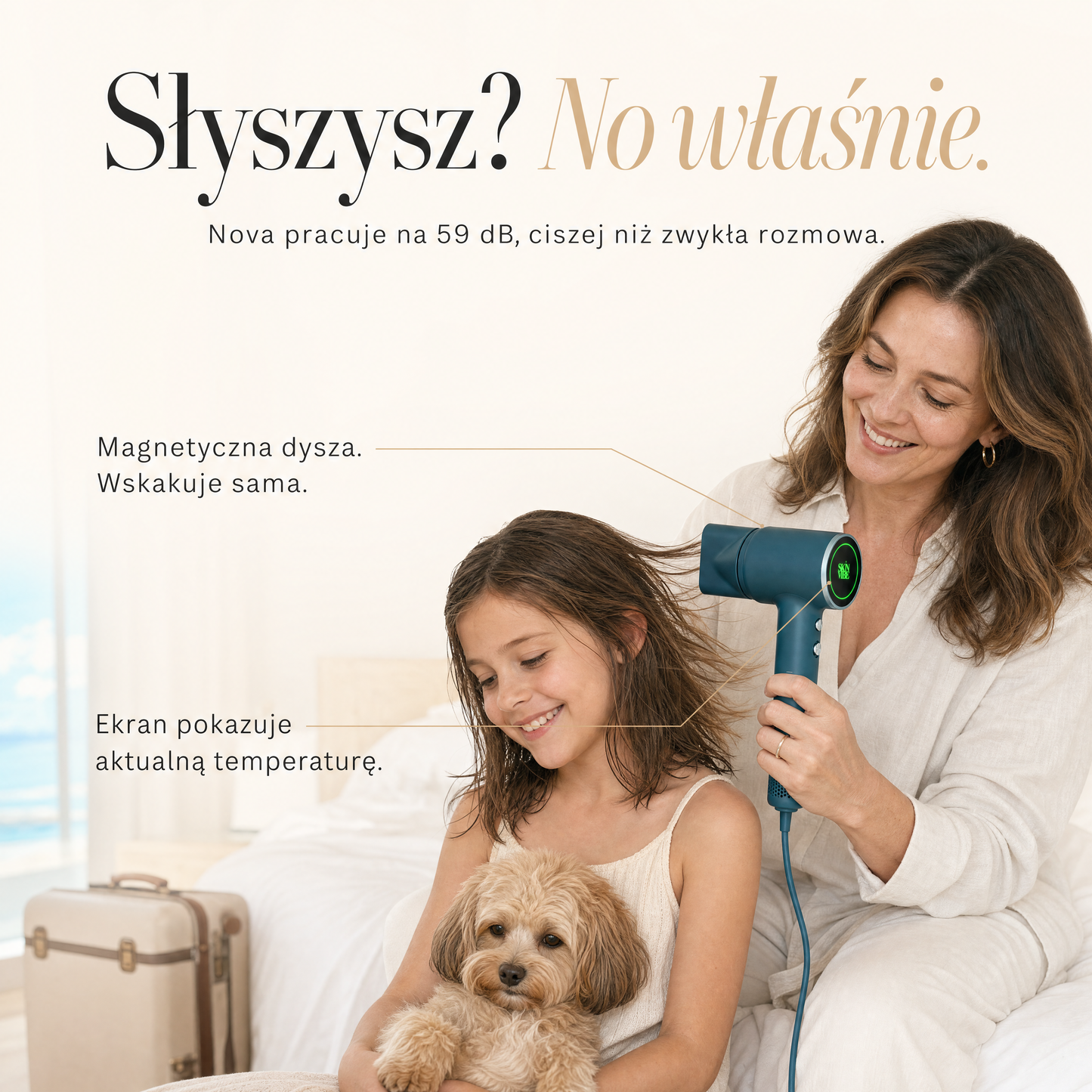 Cicha praca 59 dB - mama suszy wlosy corki mini suszarka SkinVibe Nova PlasmaGo