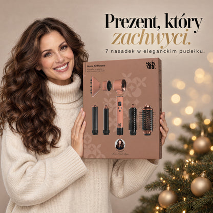 Kobieta trzyma pudełko prezentowe SkinVibe Nuvia AirPlasma z siedmioma nasadkami