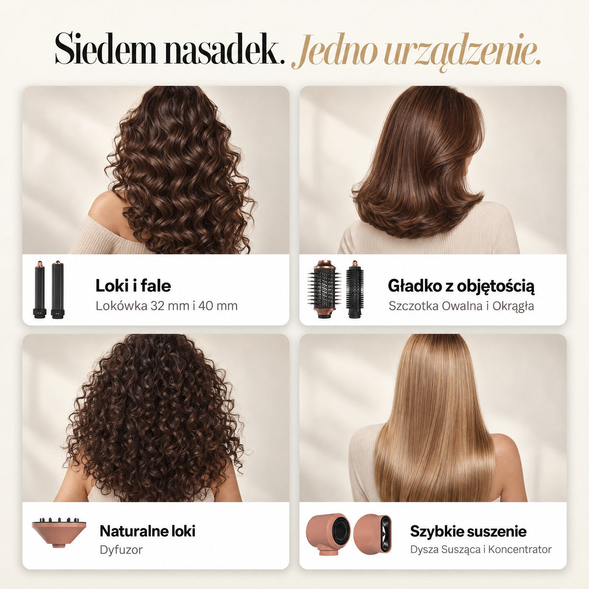 Siedem nasadek SkinVibe Nuvia AirPlasma i efekty: loki i fale, gładko z objętością, naturalne loki, szybkie suszenie