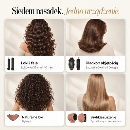 Siedem nasadek SkinVibe Nuvia AirPlasma i efekty: loki i fale, gładko z objętością, naturalne loki, szybkie suszenie